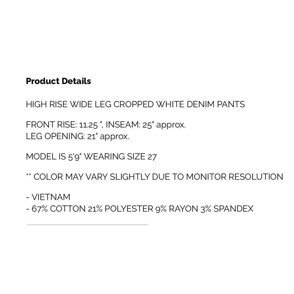 Zenana - High Rise Wide Leg Cropped White Denim - Size 29 - Picture 4 of 4